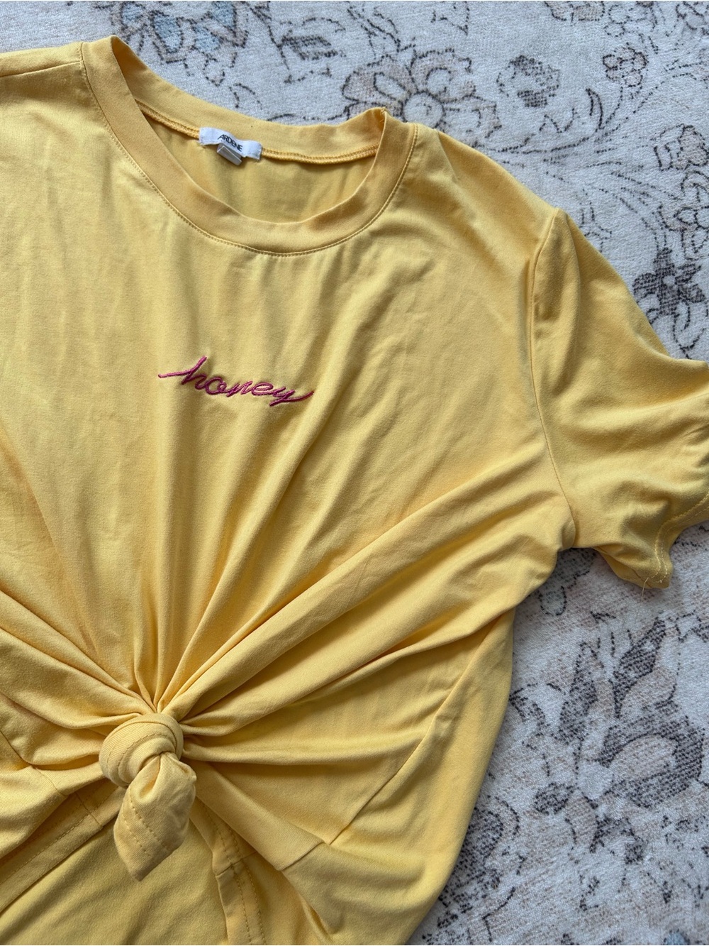 Ardene Yellow Honey Embroidered Tie Front Short Sleeve Tee Top